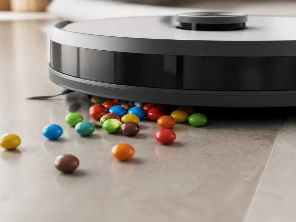 AI-generated close-up: Robot vacuum cleaner removes little mishaps