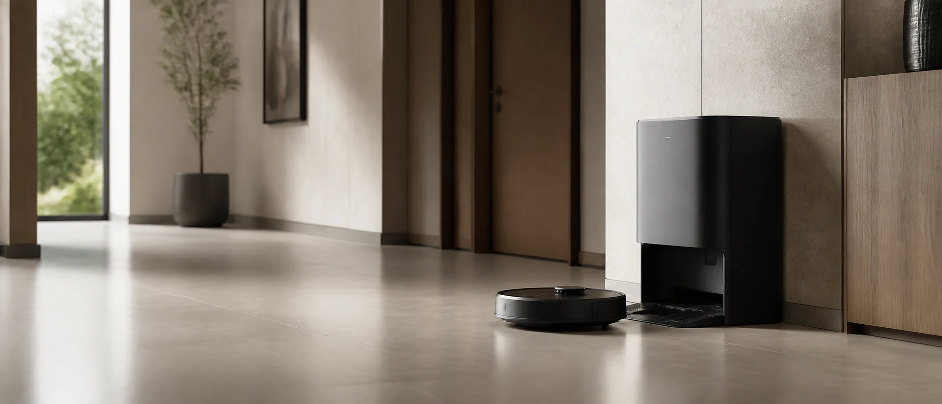 AI-generated robot vacuum in front of an unmarked all-in-one dock in a modern hallway
