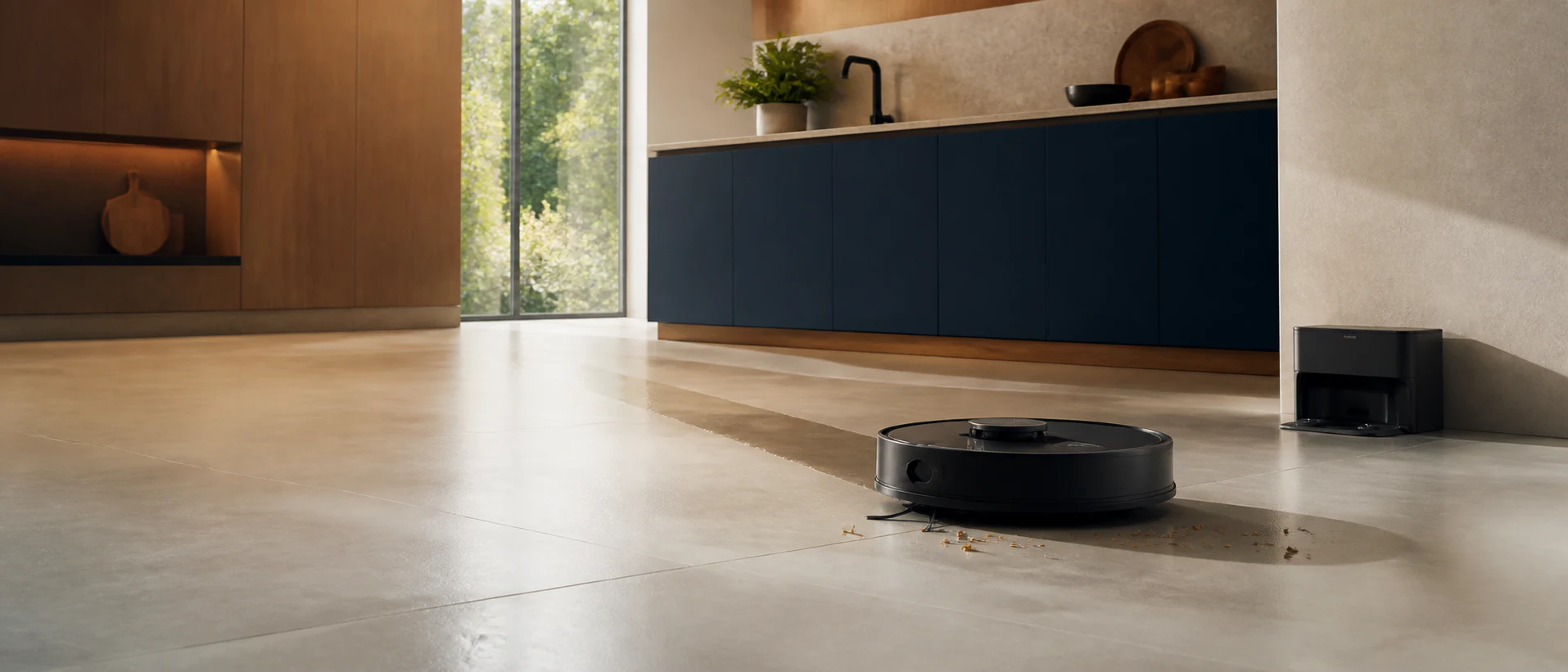 AI-generated vacuum mop robot cleaning a modern kitchen floor